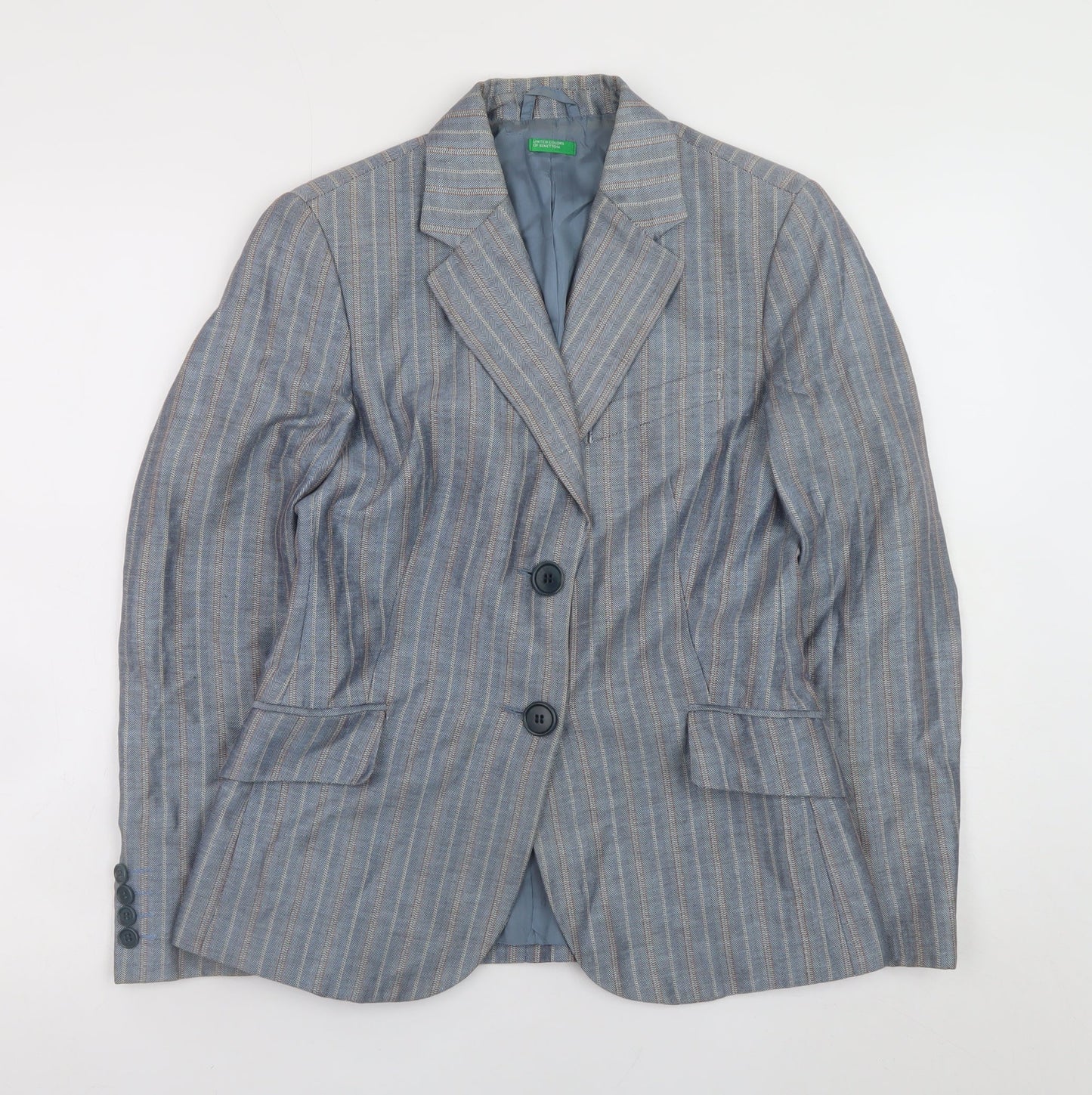 Benetton Women's Blue Striped Linen Blend Blazer Size 14