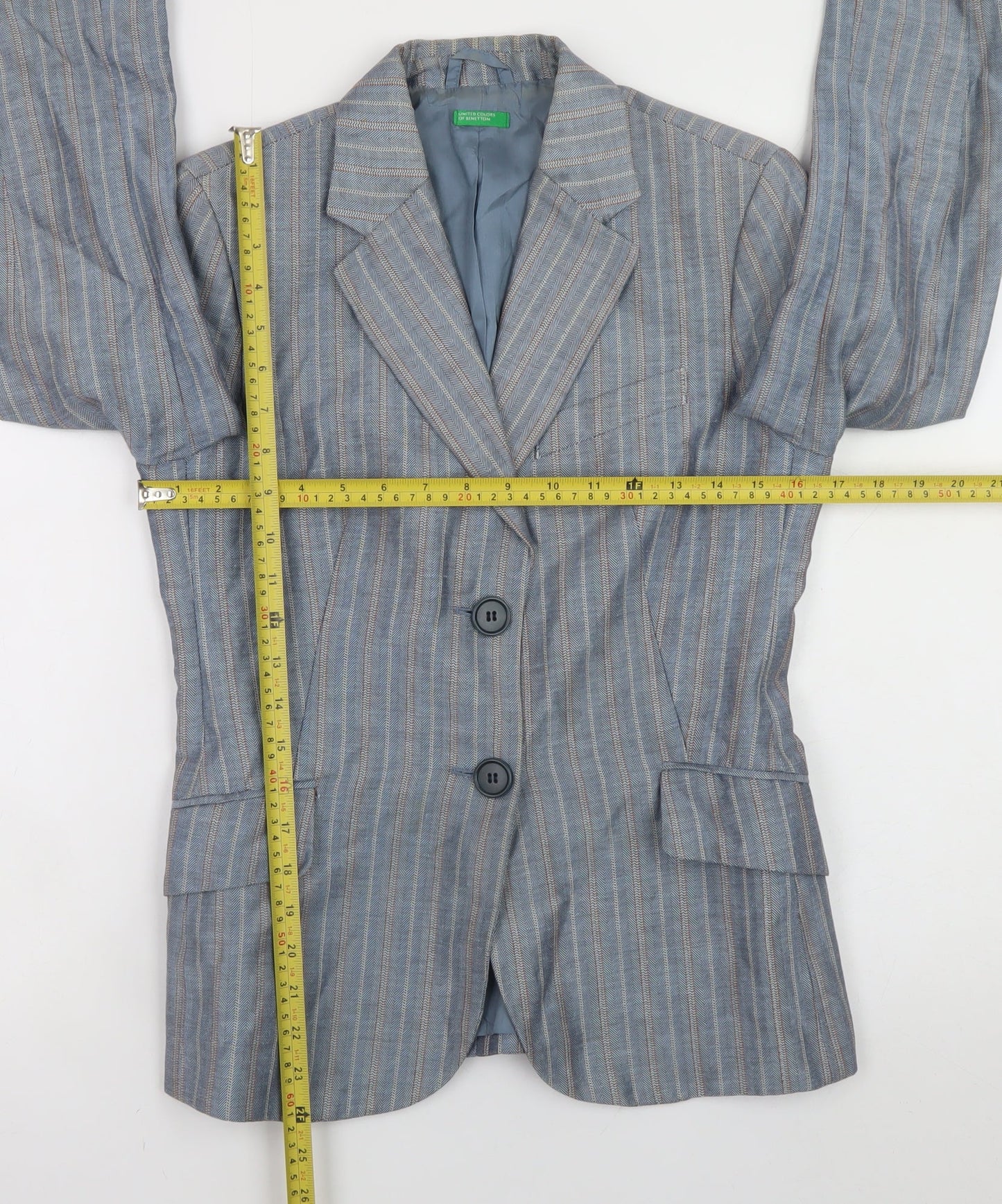 Benetton Women's Blue Striped Linen Blend Blazer Size 14
