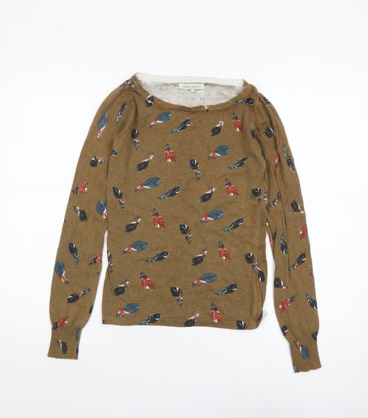 Laura Ashley Women's Brown Feather Print Cotton Pullover Jumper Size 8