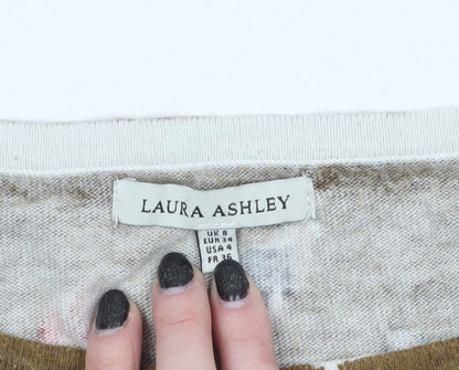 Laura Ashley Women's Brown Feather Print Cotton Pullover Jumper Size 8
