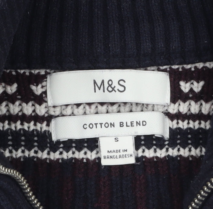 Marks and Spencer Men’s Blue Fair Isle 1/2 Zip Cotton Blend Jumper S