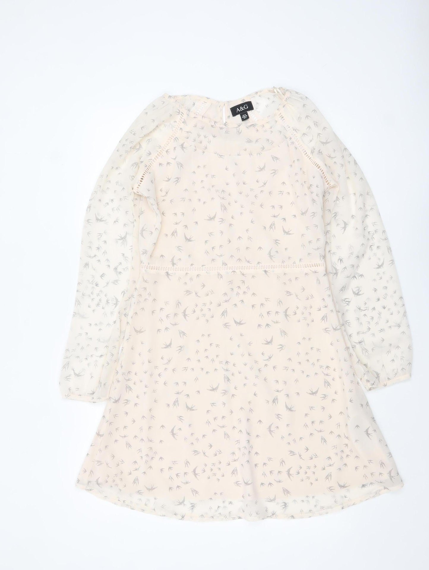 Anita & Green Women Beige Bird Print Chiffon A-Line Dress Size 10