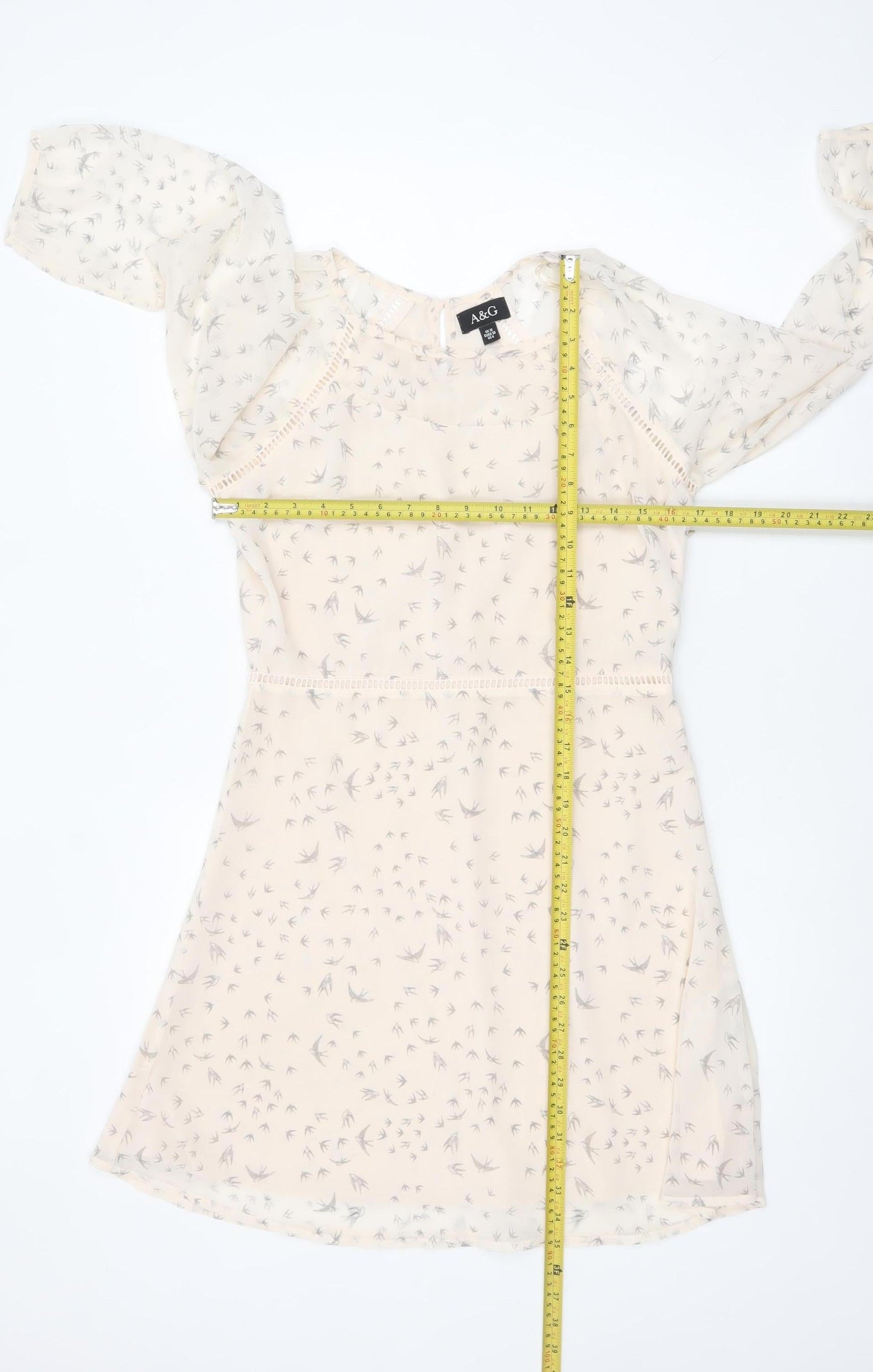 Anita & Green Women Beige Bird Print Chiffon A-Line Dress Size 10