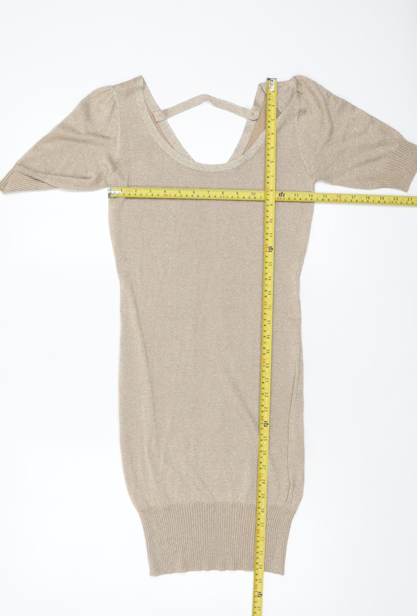 Vila Women Beige Glitter V-Neck Short Sleeve Pullover Jumper Size S