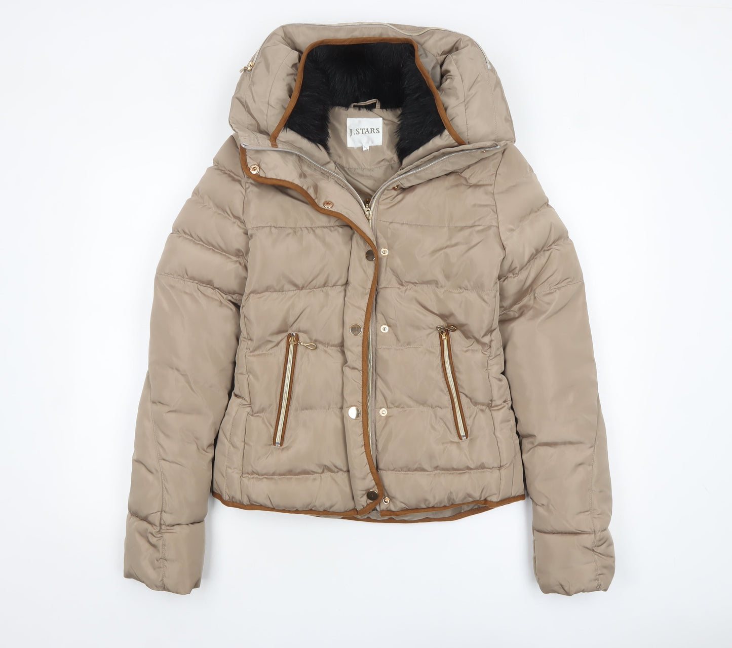 J.STARS Women’s Beige Short Puffer Jacket Hooded Size S Winter Coat