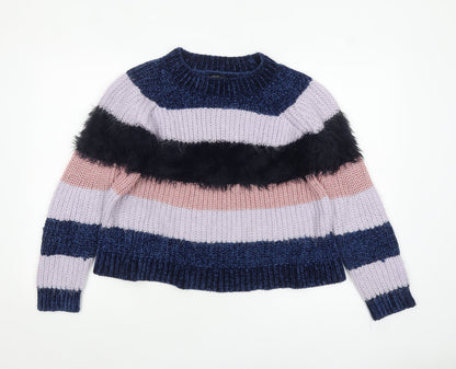 Additional front view of Only women’s xl multicoloured striped crew neck chunky knit jumper