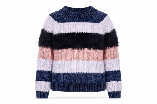 Front view of Only women’s xl multicoloured striped crew neck chunky knit jumper