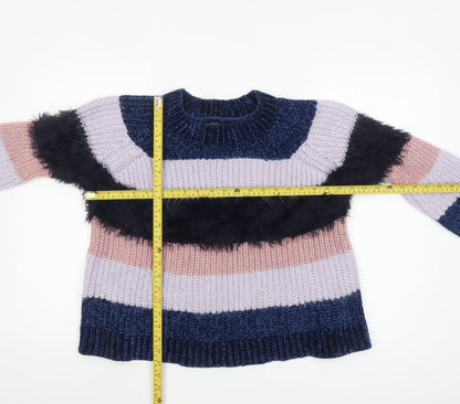 Back view of Only women’s xl multicoloured striped crew neck chunky knit jumper