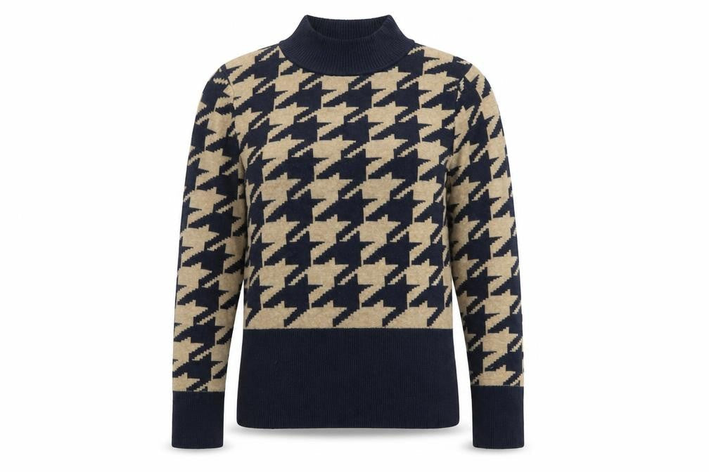 Marks & Spencer Women’s Beige & Navy Mock Neck Houndstooth Jumper Size 8
