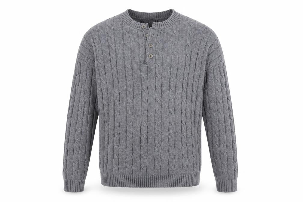David & Me Him & Lilly Men's Grey Cable-Knit Henley Wool Jumper L