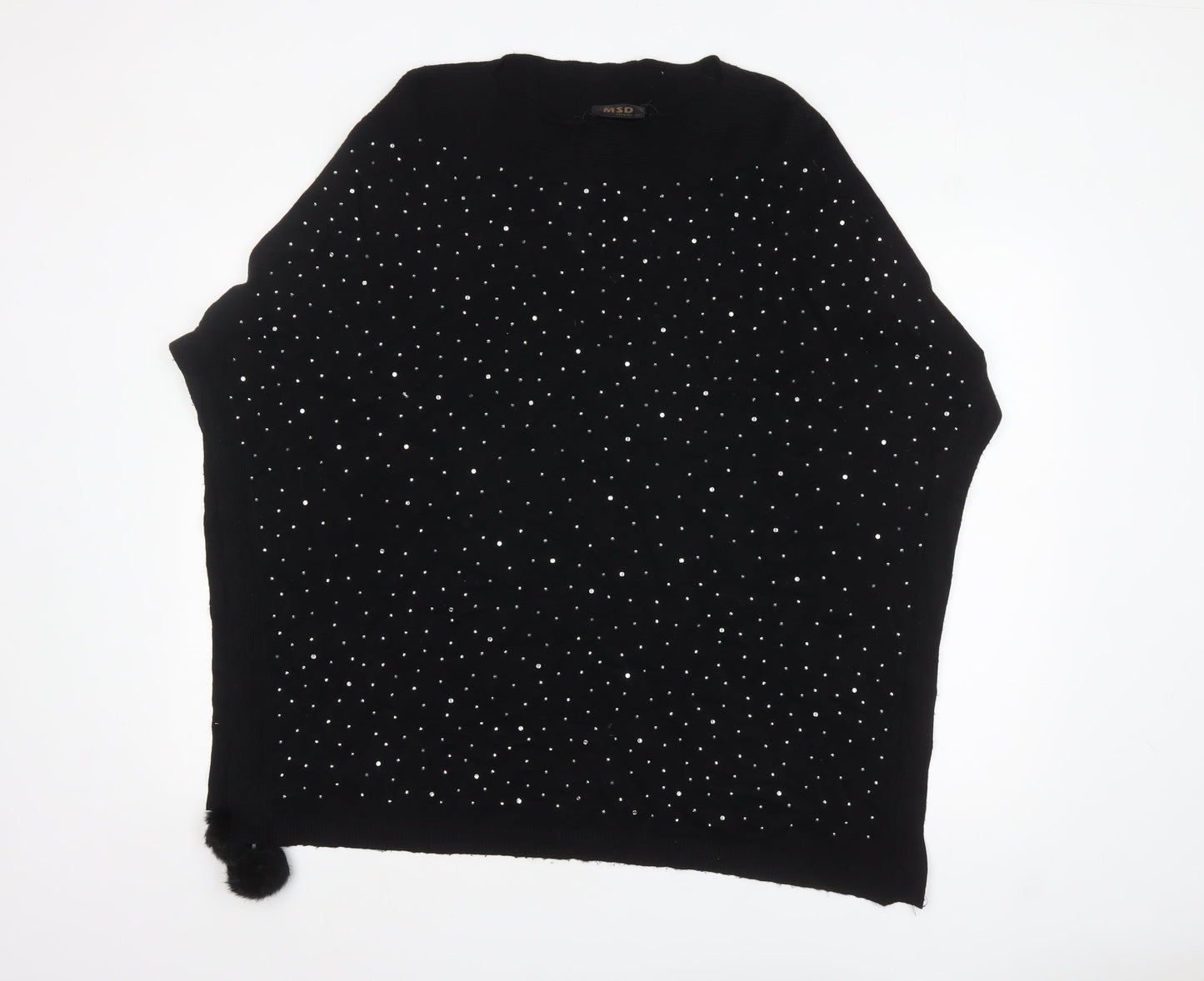 MSD Women's Black Beaded Knit Poncho Jumper S Viscose Blend