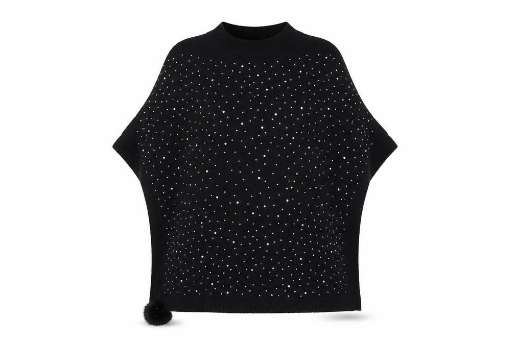 MSD Women's Black Beaded Knit Poncho Jumper S Viscose Blend