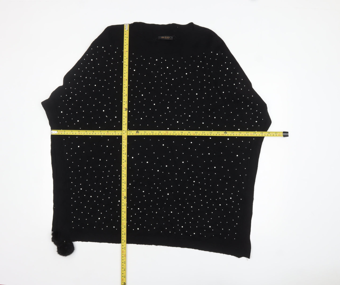 MSD Women's Black Beaded Knit Poncho Jumper S Viscose Blend