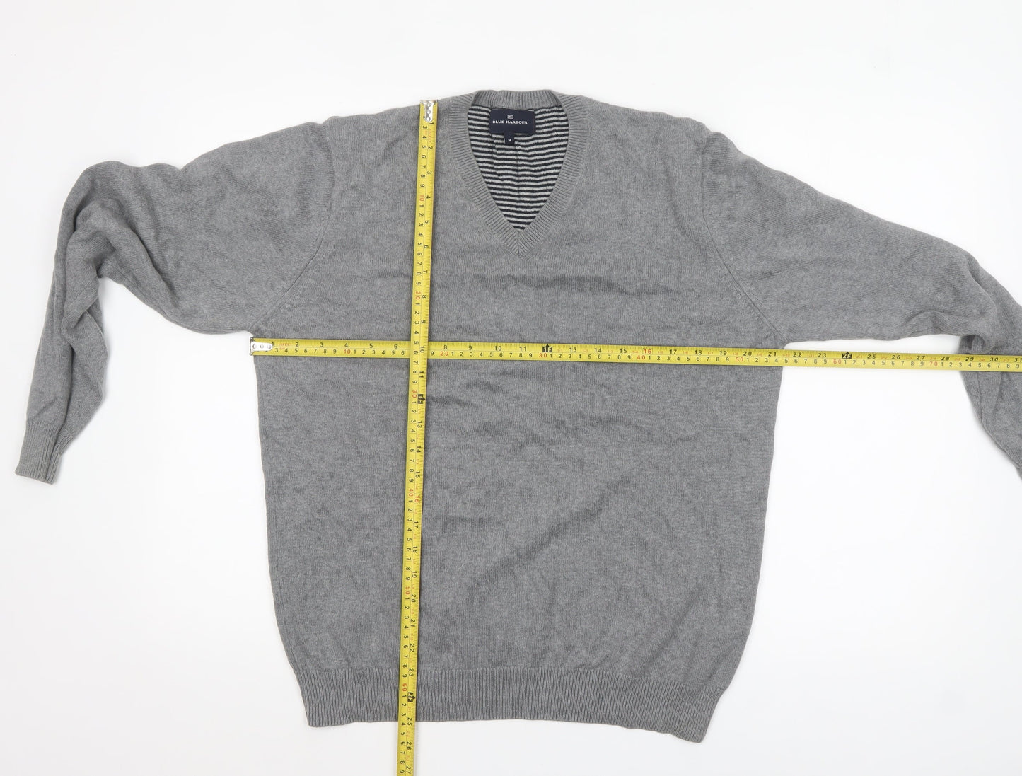 Marks and Spencer Men Grey Cotton V-Neck Pullover Jumper M