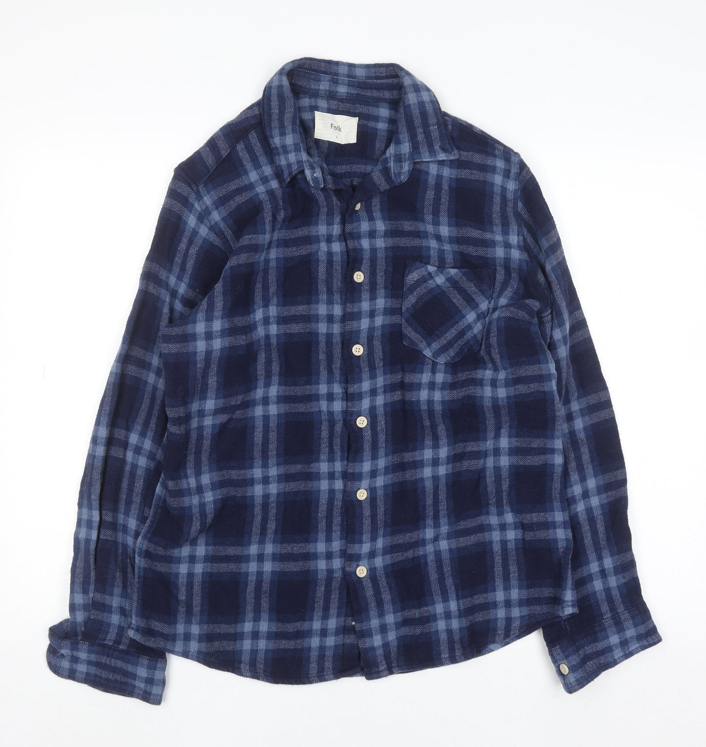 Folk Men's Blue Checked Cotton Button-Up Shirt Size L