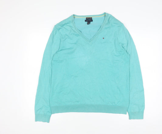 Tommy Hilfiger Women's Green V-Neck Cotton Blend Jumper XL