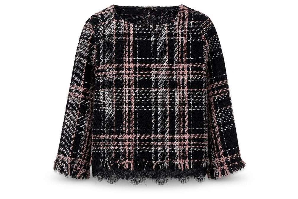 Zara Women Black Check Tweed Pullover Jumper Size L