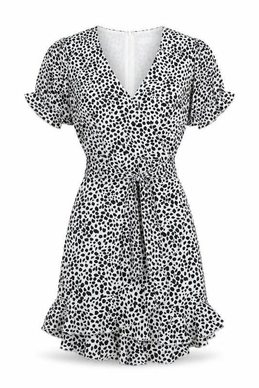 Front view of Missguided Women's Black Animal Print Short Wrap Dress, size 8
