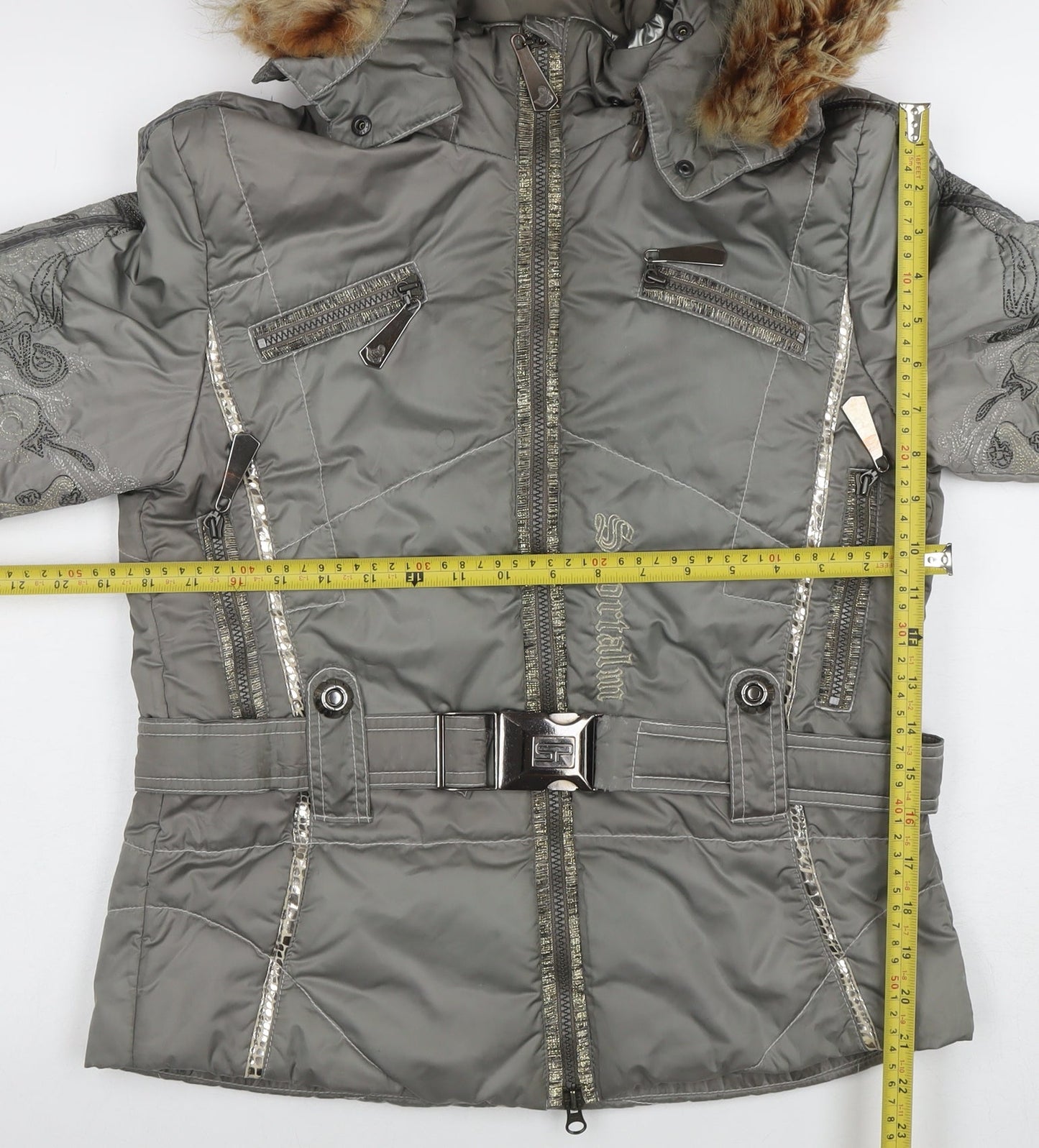 Sportalm Womens Grey Hooded Belted Puffer Jacket Size 8