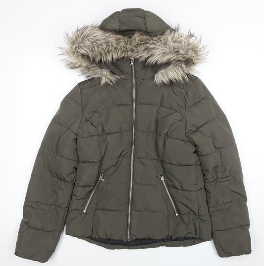 H&M Divided Women's Green 14 Puffer Jacket Faux Fur Hooded Winter Coat