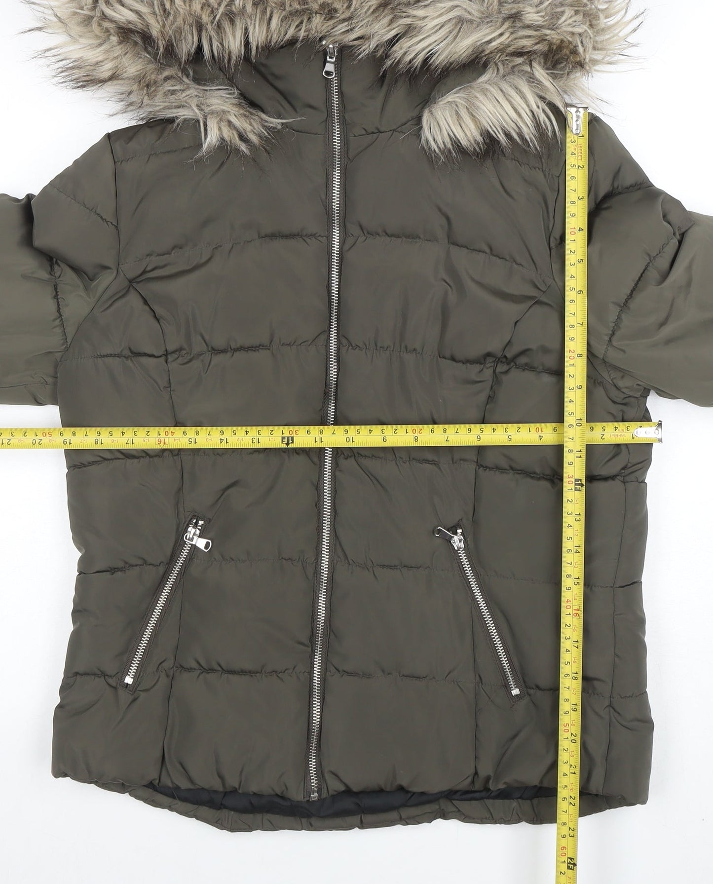 H&M Divided Women's Green 14 Puffer Jacket Faux Fur Hooded Winter Coat