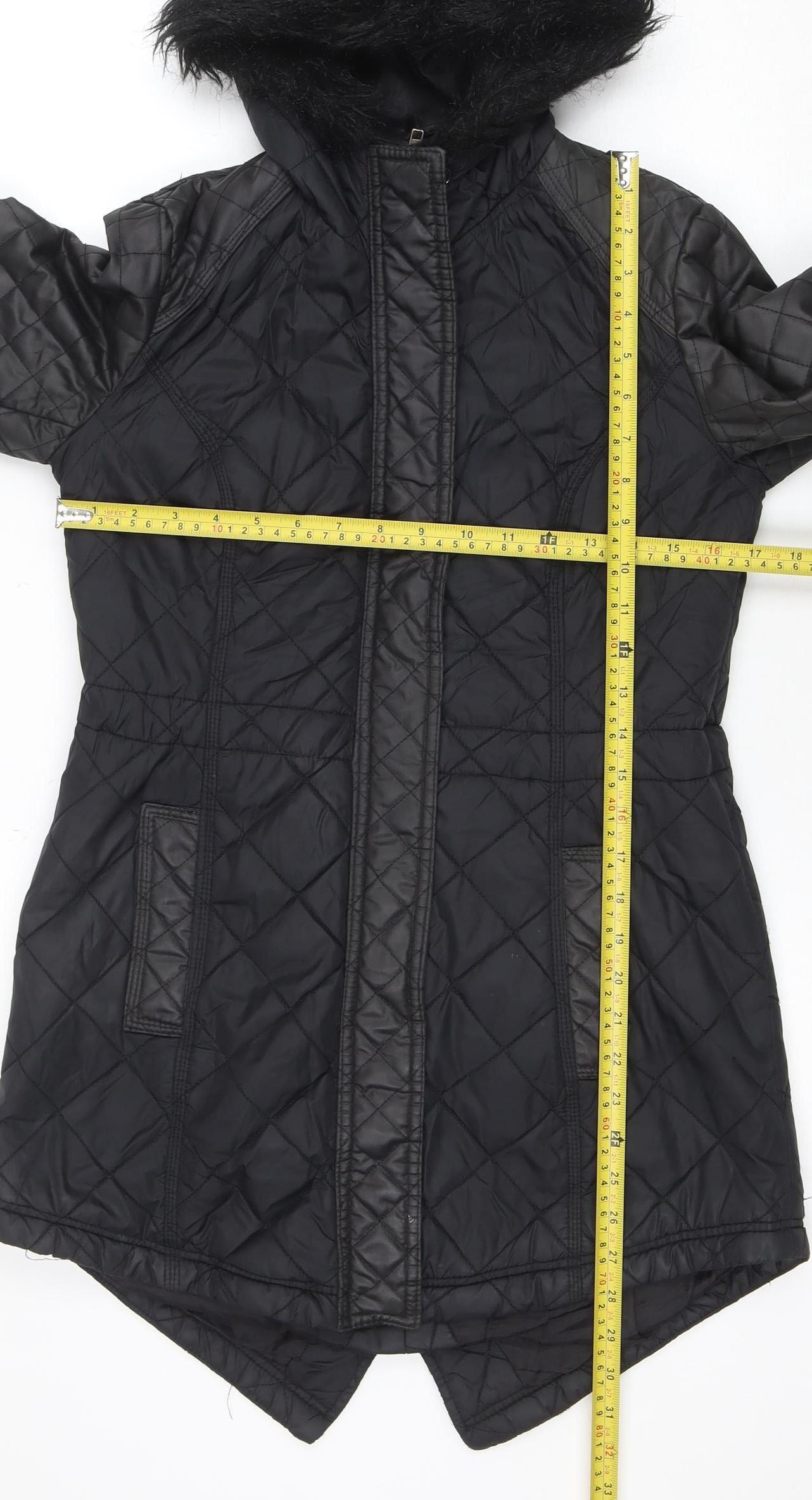 South Women’s Black Quilted Hooded Jacket UK 8 Faux Fur Trim