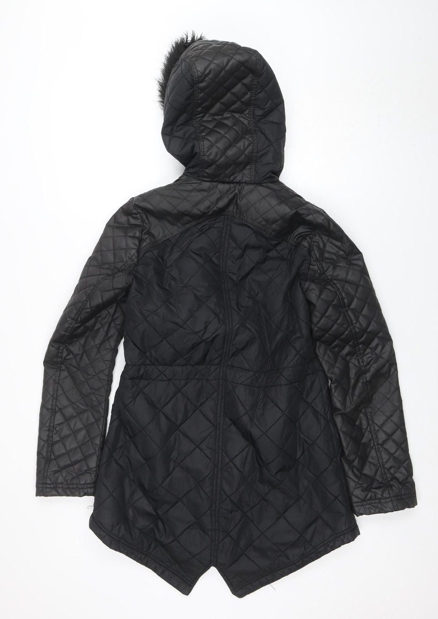 South Women’s Black Quilted Hooded Jacket UK 8 Faux Fur Trim