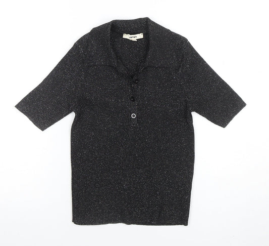 Koton Women Black Glitter Collared Button-Up Knit Top M