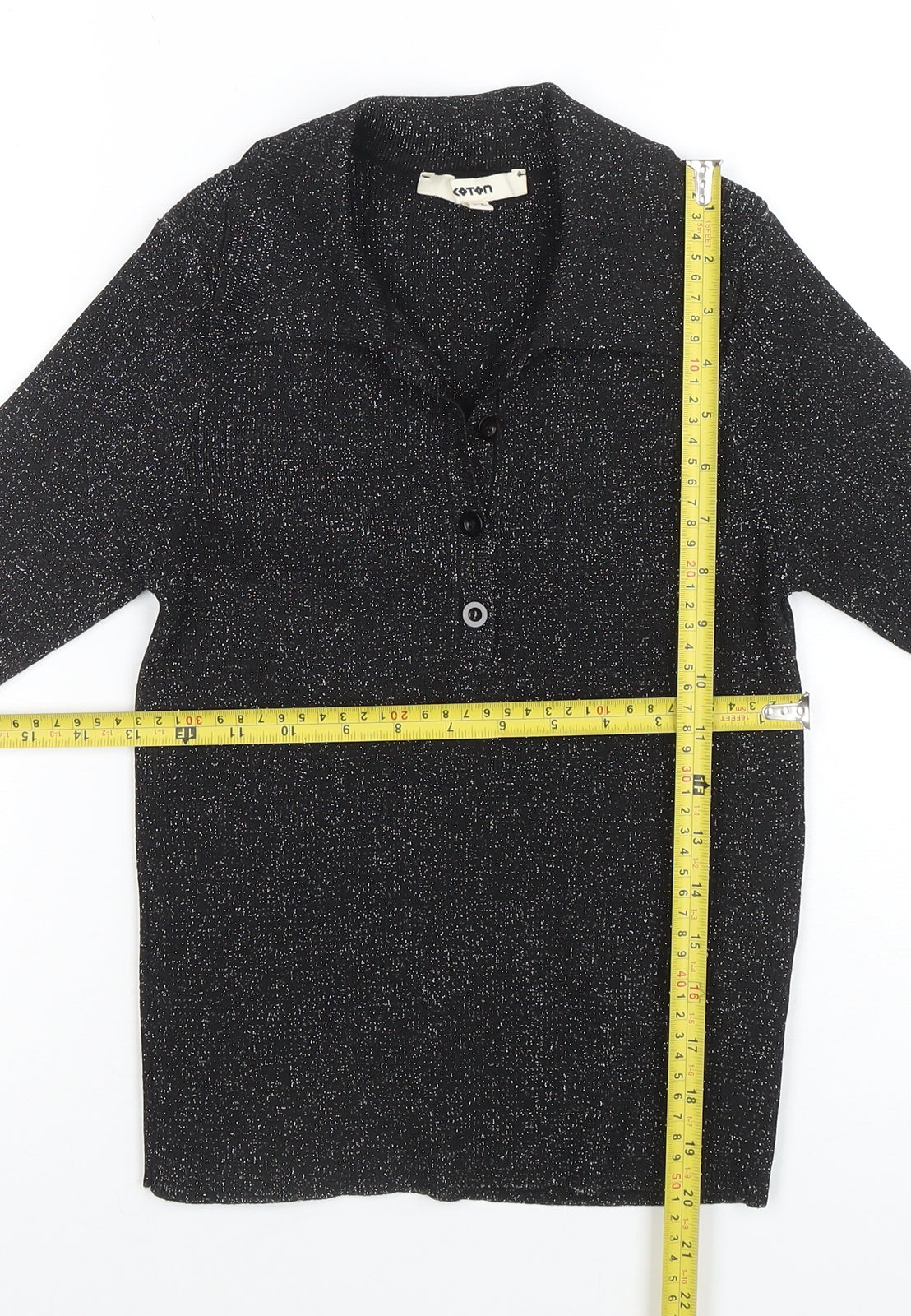 Koton Women Black Glitter Collared Button-Up Knit Top M