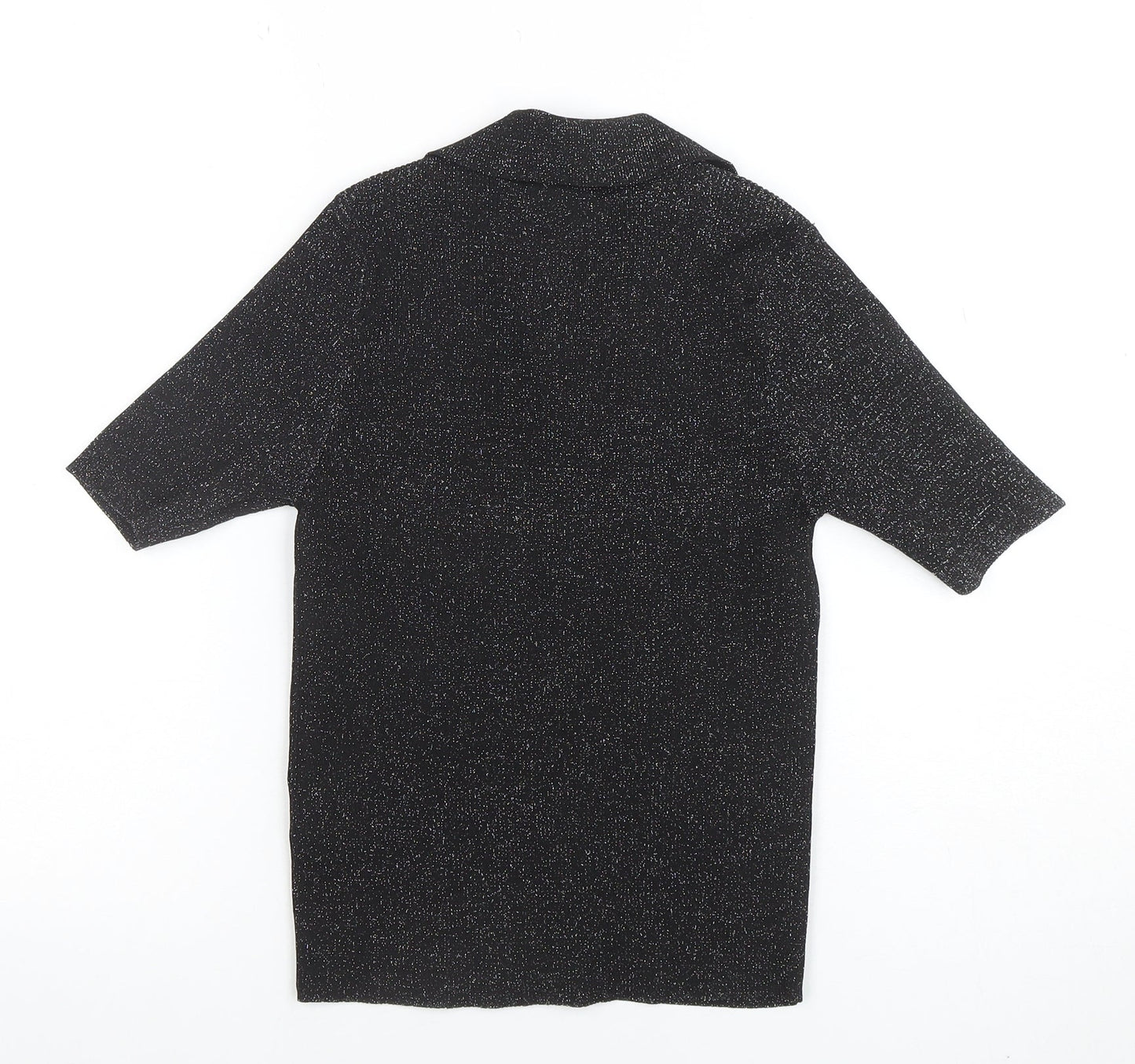 Koton Women Black Glitter Collared Button-Up Knit Top M