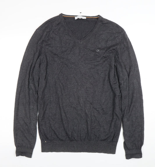 Calvin Klein Men's Grey V-Neck Cotton Acrylic Jumper L