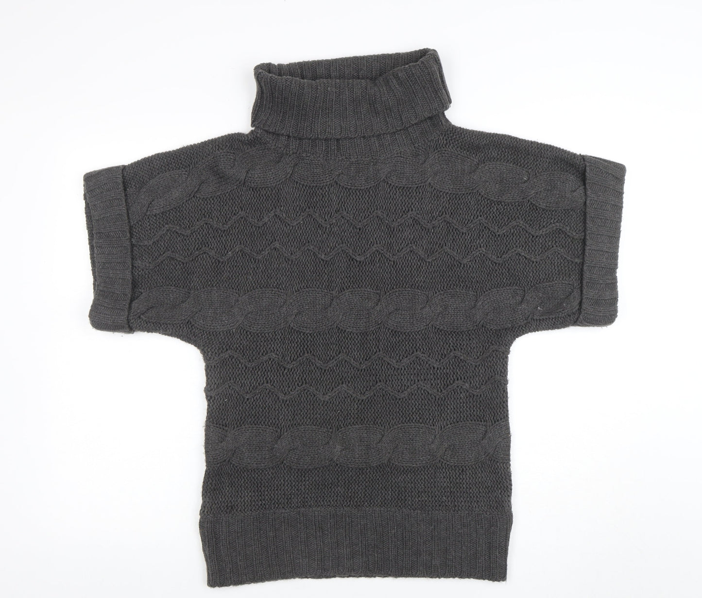 Klass Collection Women Grey Cable-Knit Roll Neck Short Sleeve Jumper M