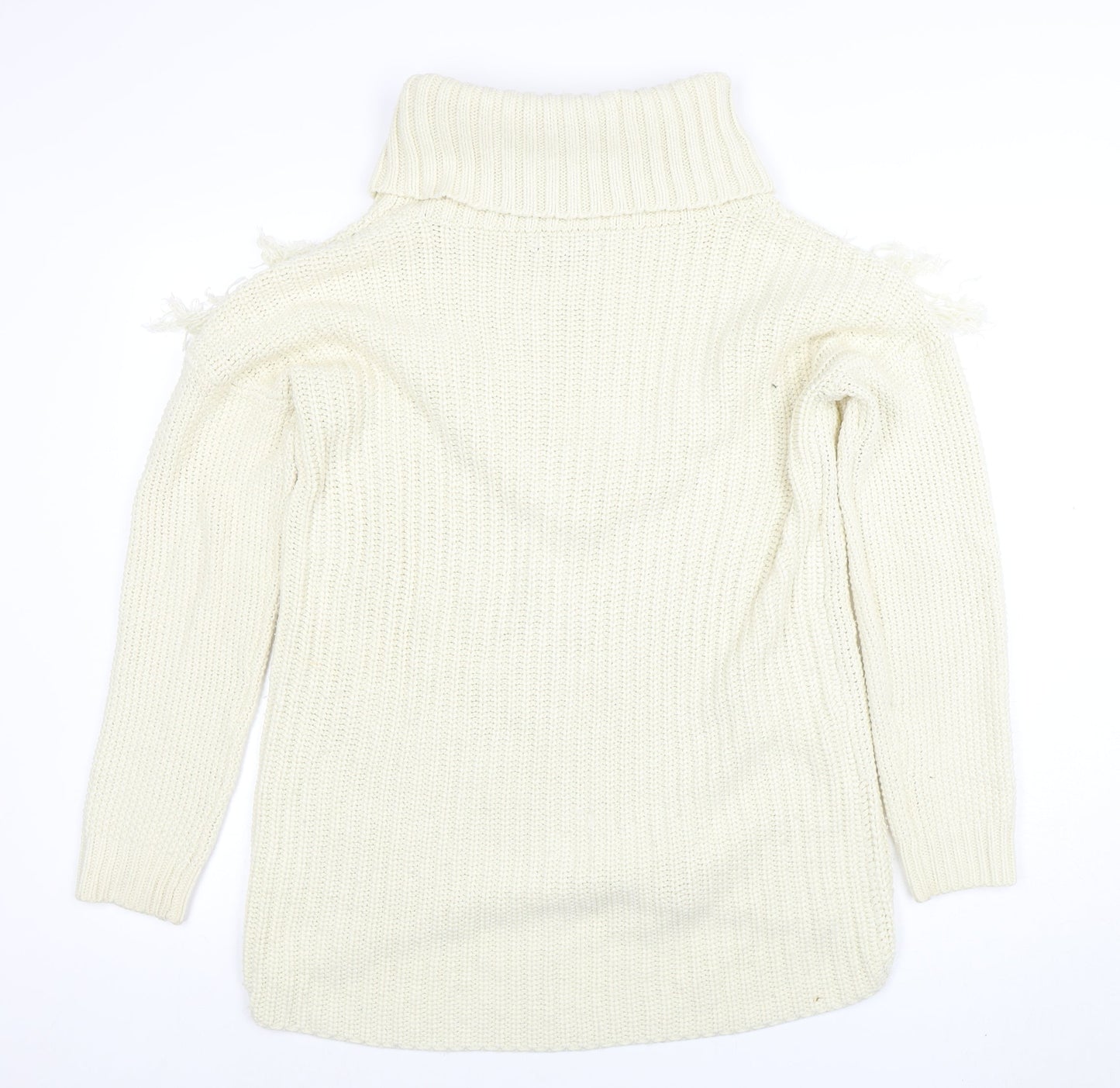 Missguided Women’s Ivory Roll Neck Chunky Knit Fringe Jumper Size 10