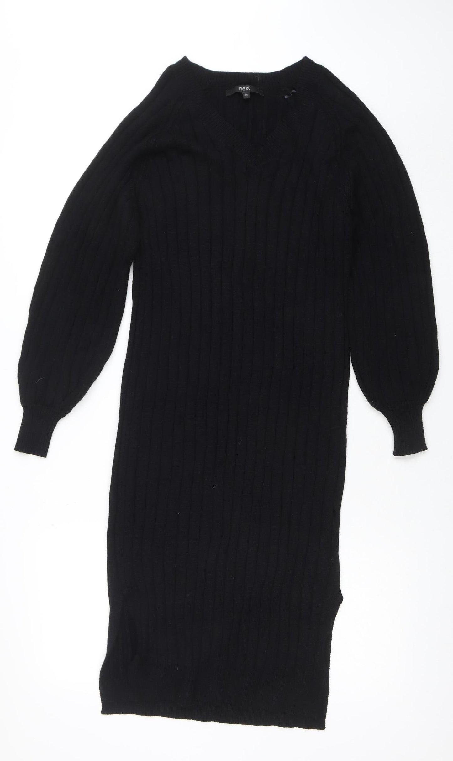 Next Women’s Black XS V-Neck Ribbed Long Sleeve Bodycon Knit Dress