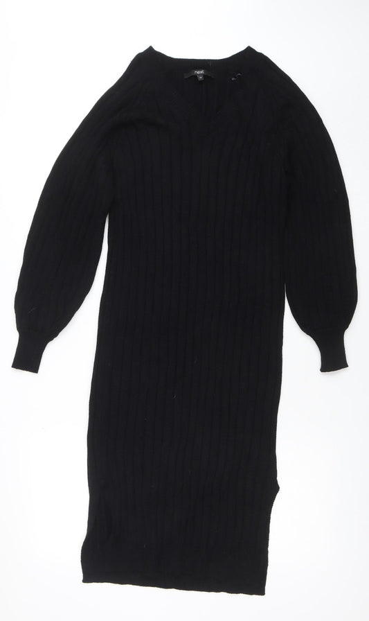 Next Women’s Black XS V-Neck Ribbed Long Sleeve Bodycon Knit Dress