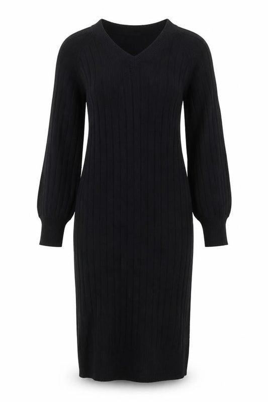 Next Women’s Black XS V-Neck Ribbed Long Sleeve Bodycon Knit Dress