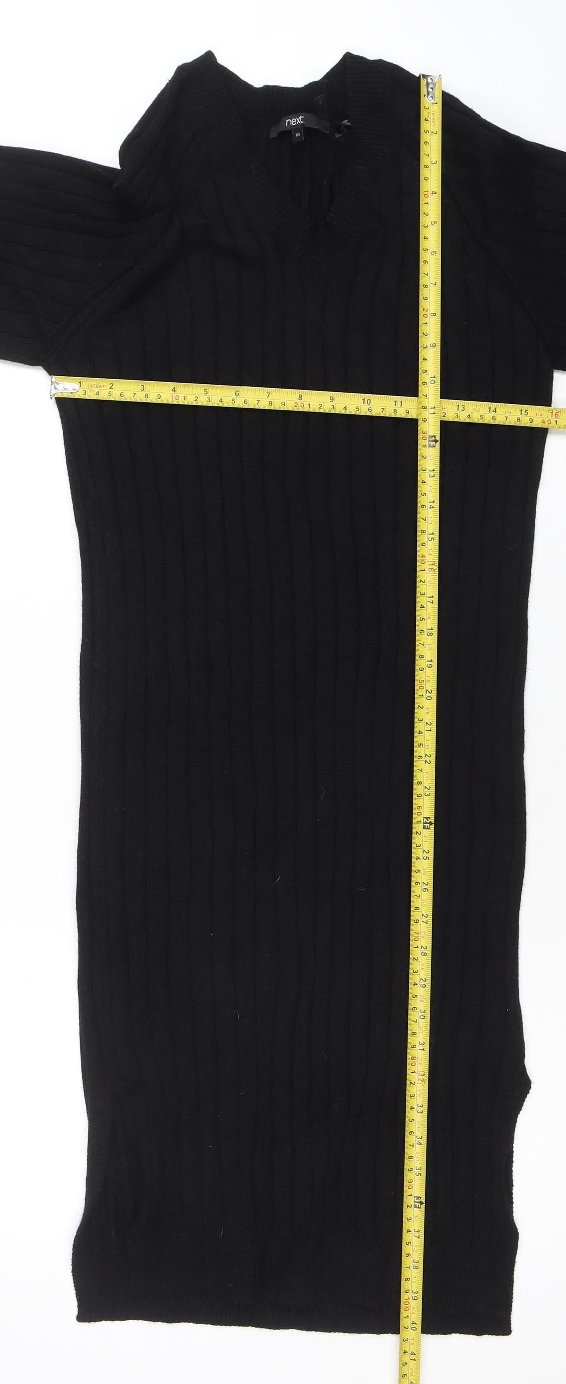 Next Women’s Black XS V-Neck Ribbed Long Sleeve Bodycon Knit Dress