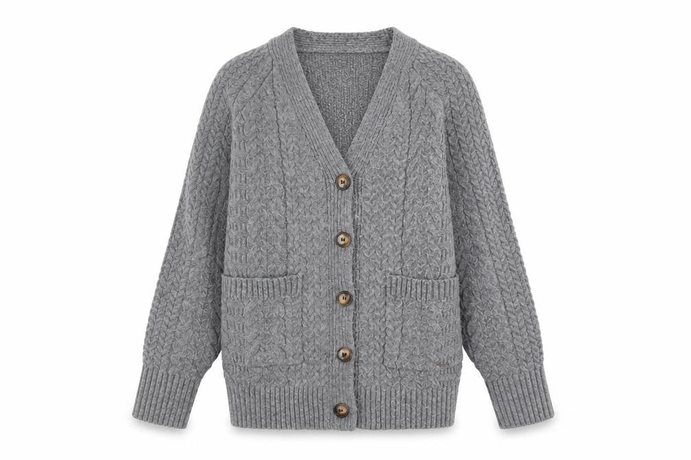 Warehouse Women’s Grey Cable Knit Cardigan Small Polyester Blend