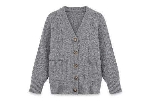 Warehouse Women’s Grey Cable Knit Cardigan Small Polyester Blend