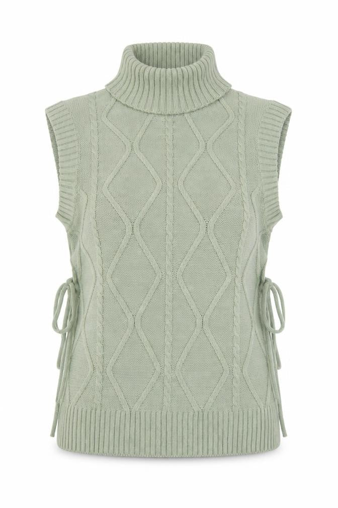 Quiz Women’s Green Roll Neck Cable Knit Sleeveless Vest Jumper Size S