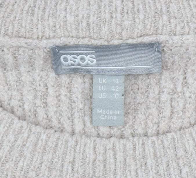 ASOS Women Beige Crew Neck Long Sleeve Relaxed Knit Jumper Size 14