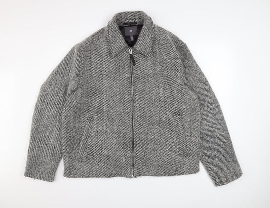 H&M Mens Grey Wool Blend Zip Up Tweed Jacket XL