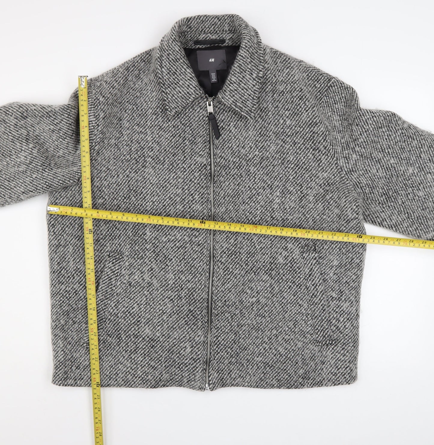 H&M Mens Grey Wool Blend Zip Up Tweed Jacket XL