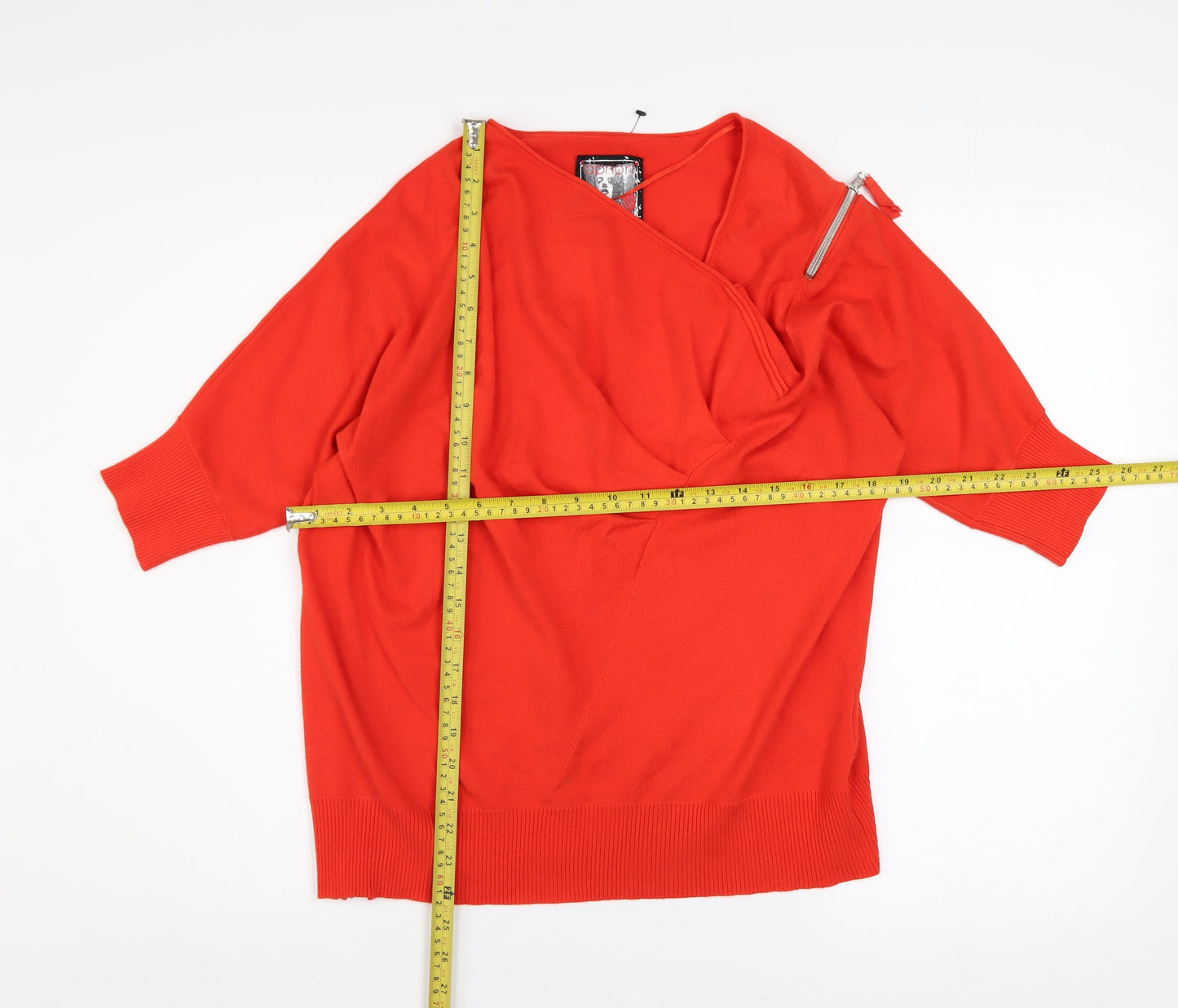 Apriori Women's Red V-Neck Zip Detail Knit Jumper Size 16