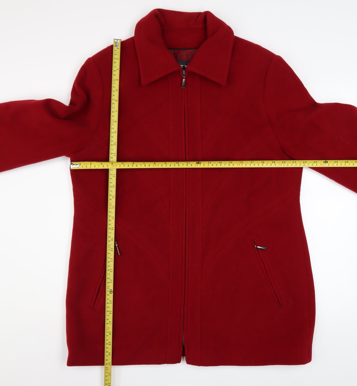STYLE Womens Red Wool Cashmere Long Zip Up Coat Size 14