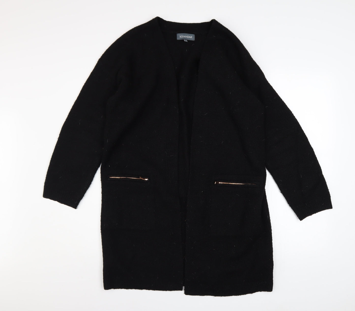Sosandar Women’s Black Longline Zip Pocket Knit Cardigan Size 10