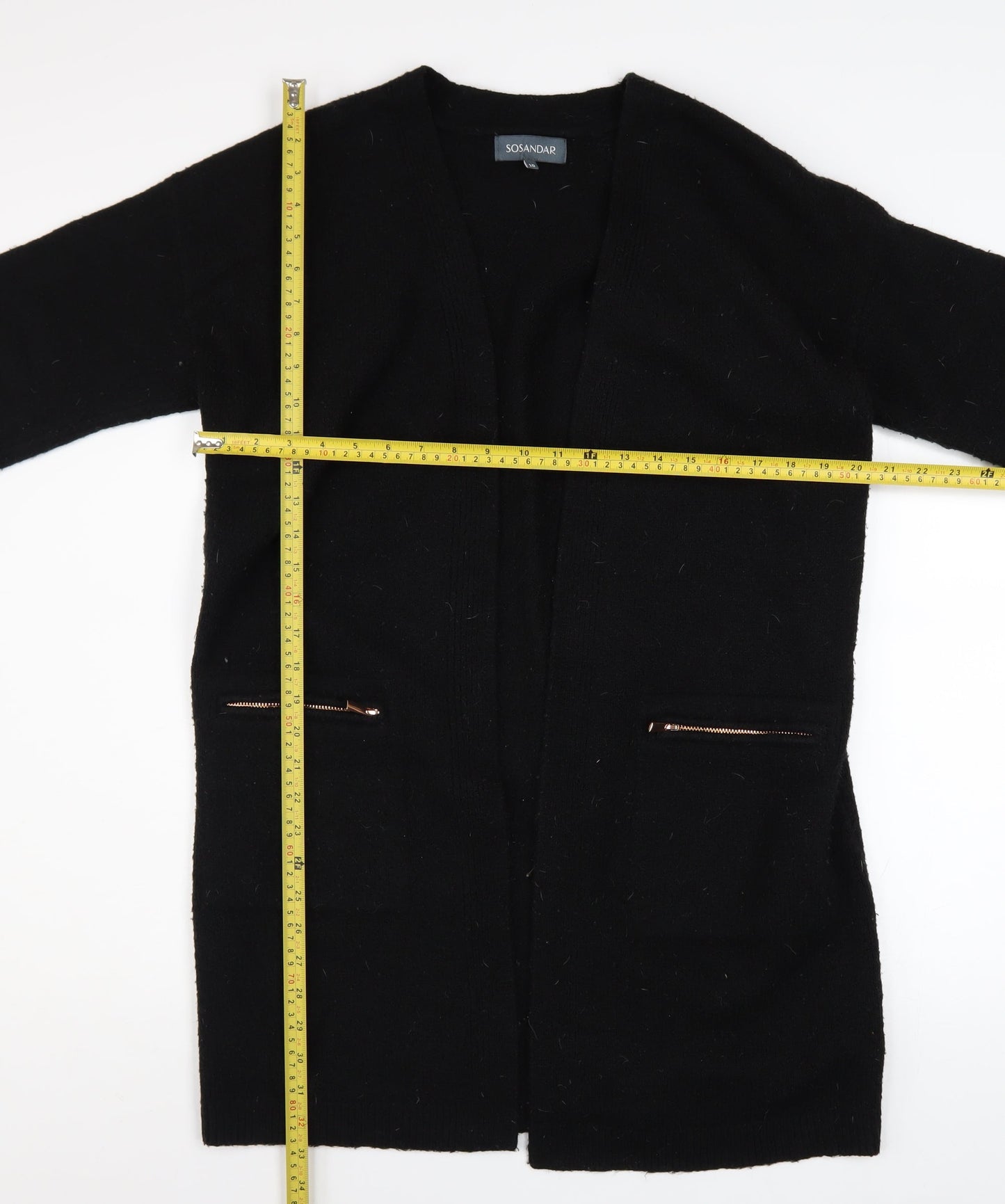 Sosandar Women’s Black Longline Zip Pocket Knit Cardigan Size 10