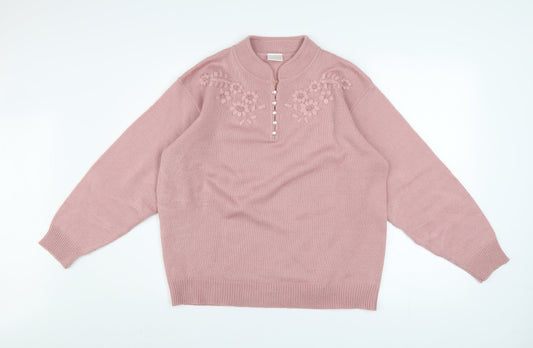 Classics Women Pink Acrylic Henley Jumper Size 16 Embroidered