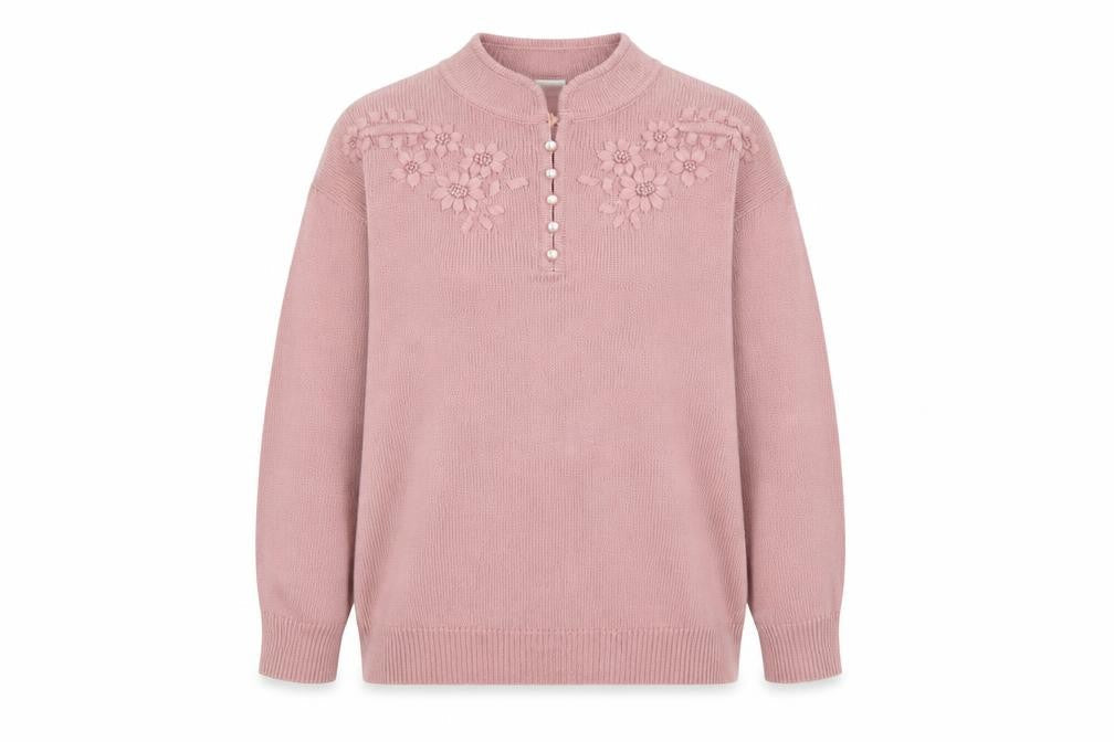 Classics Women Pink Acrylic Henley Jumper Size 16 Embroidered
