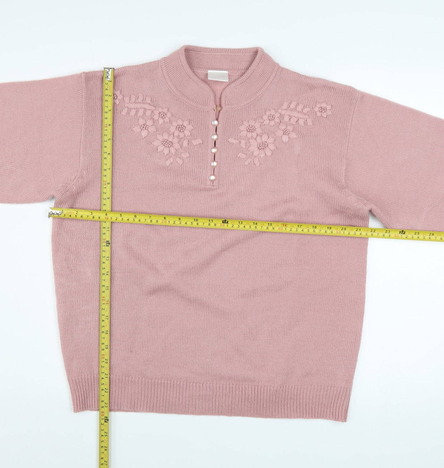 Classics Women Pink Acrylic Henley Jumper Size 16 Embroidered